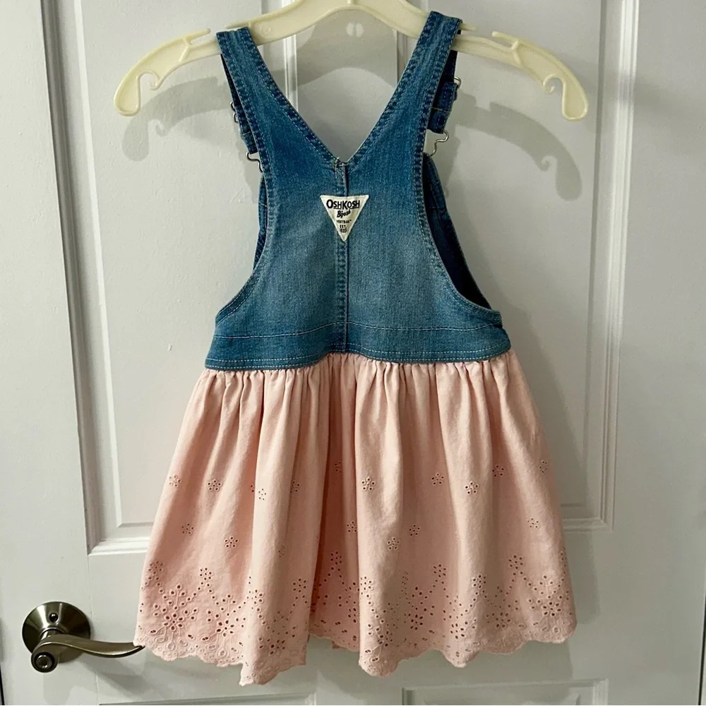 OshKosh B'gosh Girls Denim and Pale Pink Eyelet Overall Dress Sz 5T